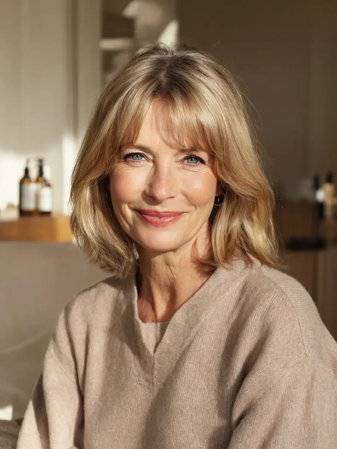 Chin-Length Bob with Soft Curtain Bangs in Sandy Blonde
