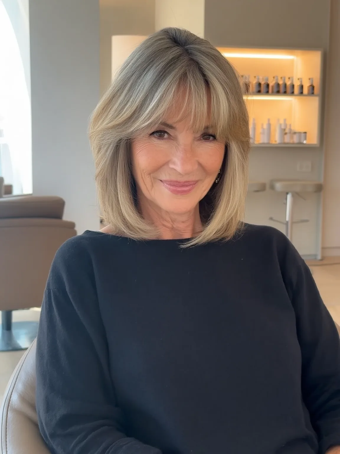 Classic Bob with Curtain Bangs in Sandy Blonde
