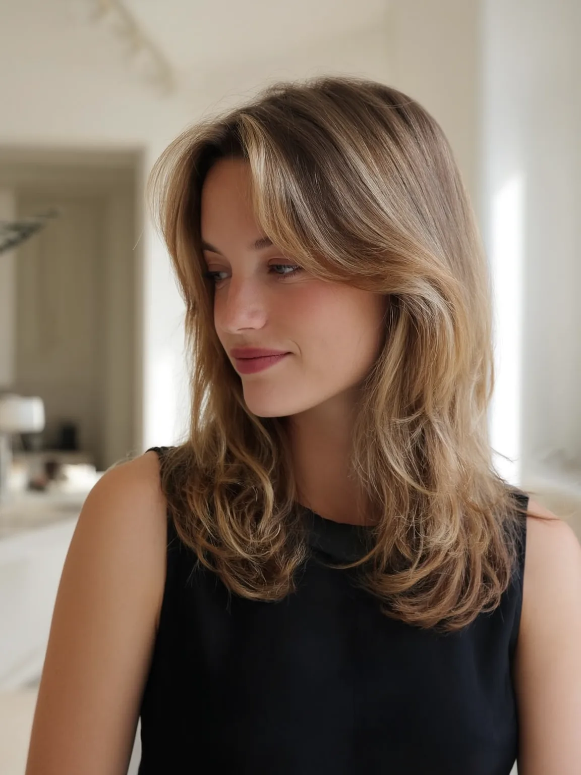 Flowing Shoulder-Length Layers with Sandy Blonde Balayage