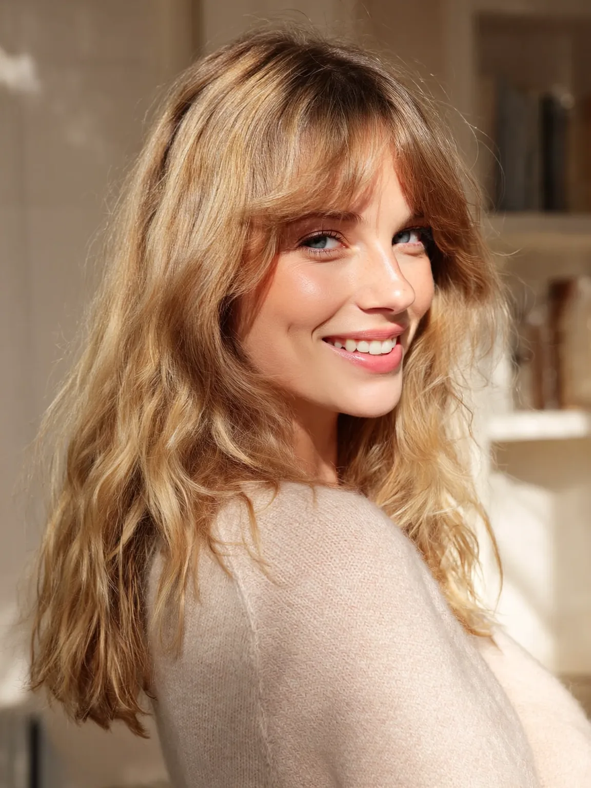 Shoulder-Length Lob with Soft Curtain Bangs in Sandy Blonde