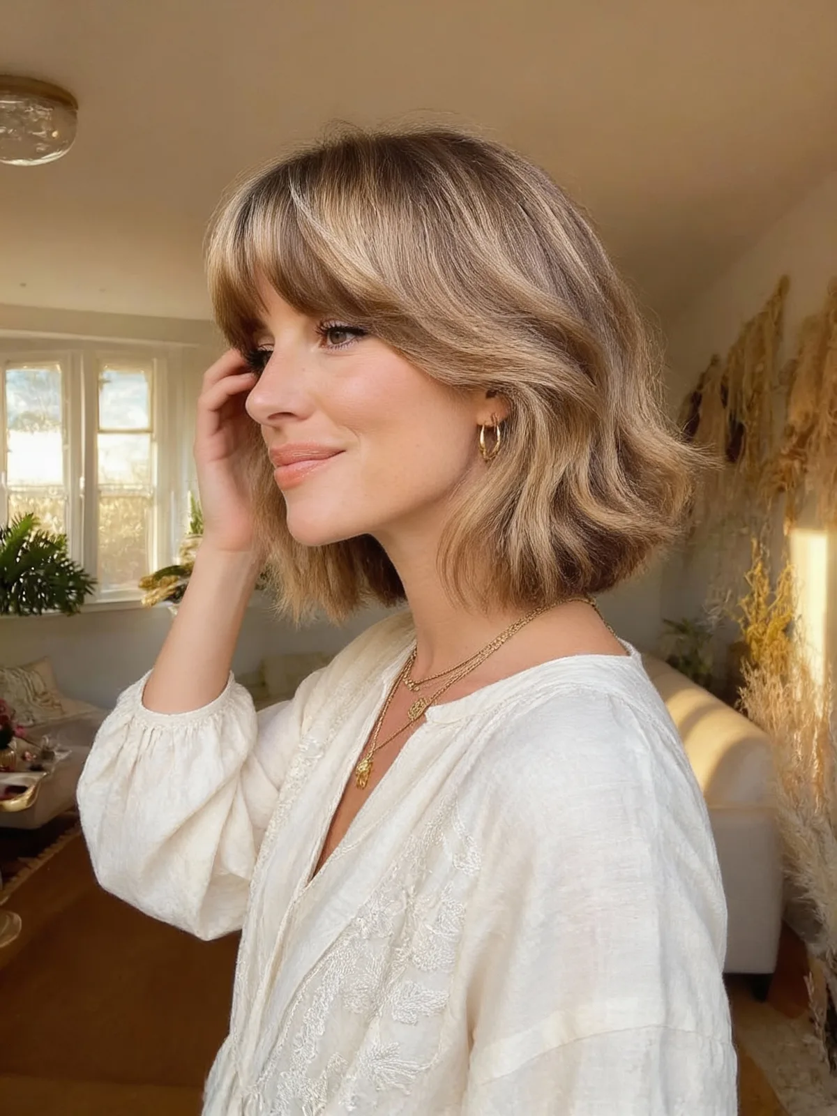 Chin-Length Bob with Sandy Blonde Curtain Bangs