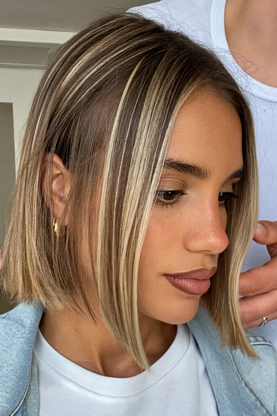 Sleek Chin-Length Blunt Bob with Cool Blonde Highlights