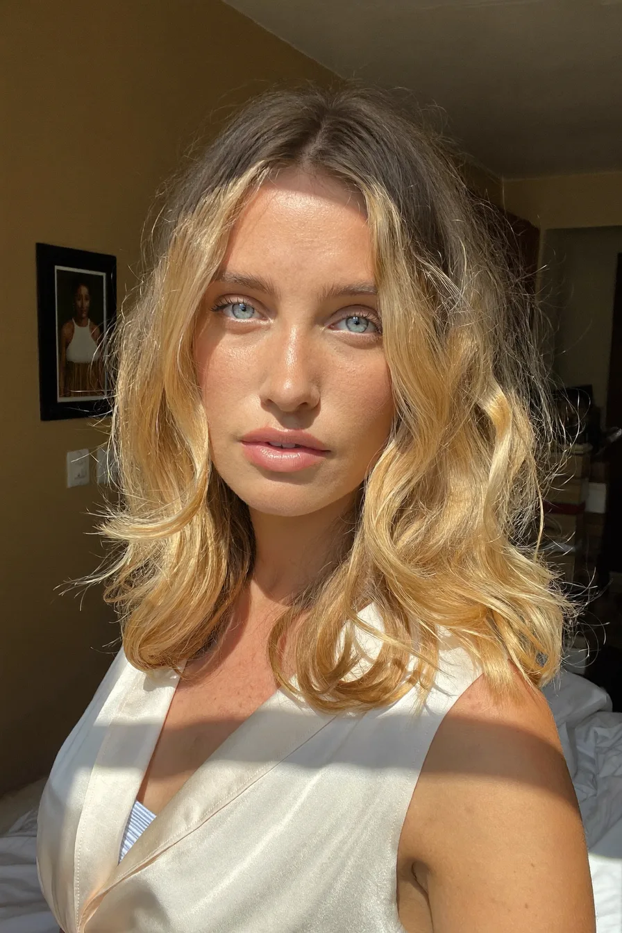 Soft Wavy Shoulder-Length Hair with Honey Blonde Balayage Highlights