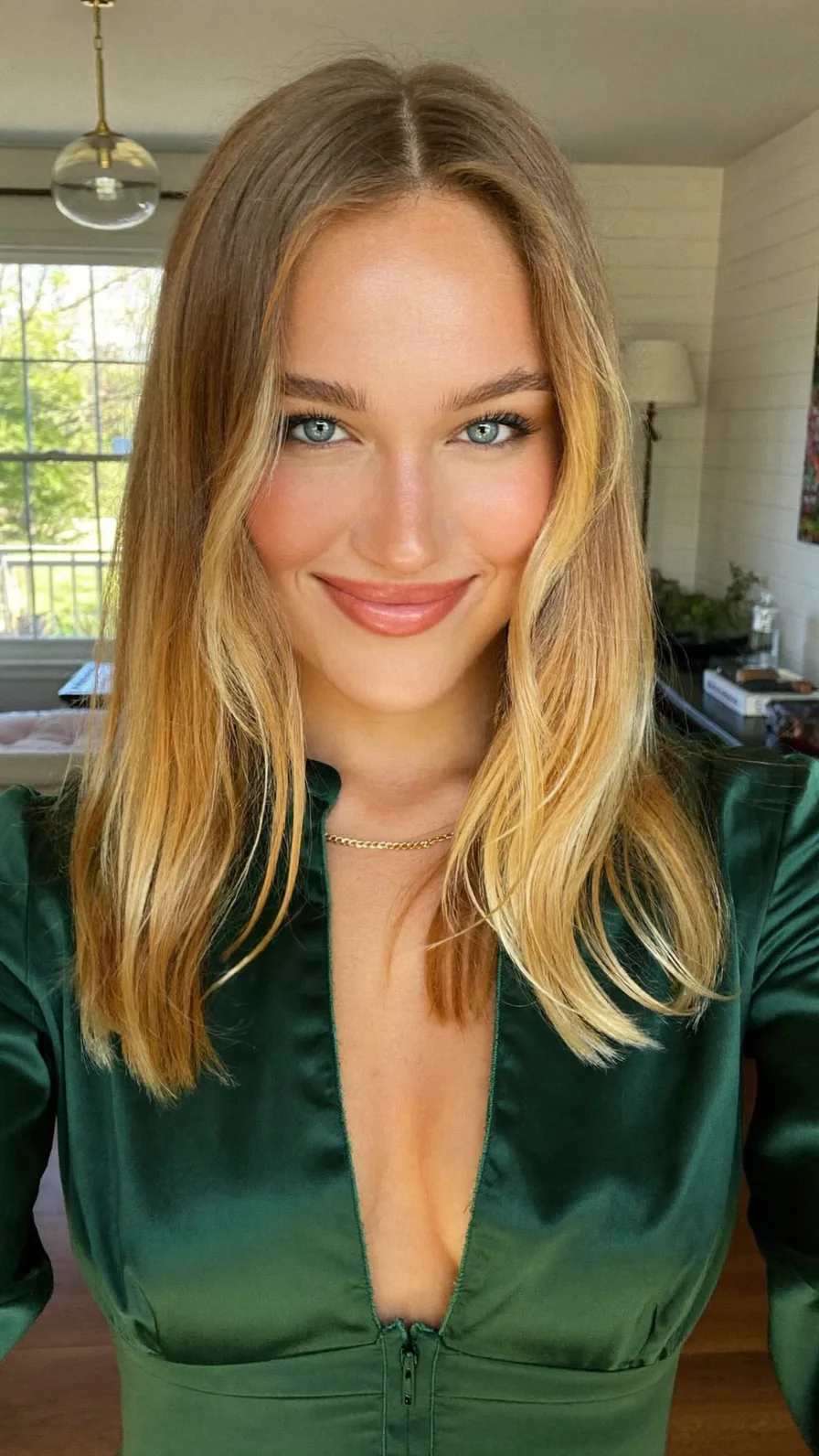 Shoulder-Length Wavy Long Layers with Honey Blonde Balayage