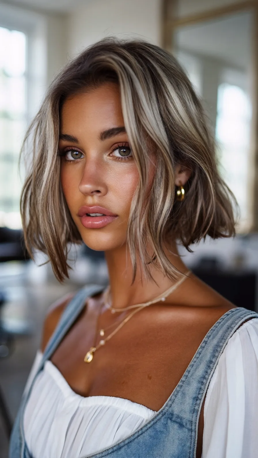 Textured Shoulder-Length Lob with Ash Blonde Balayage Highlights