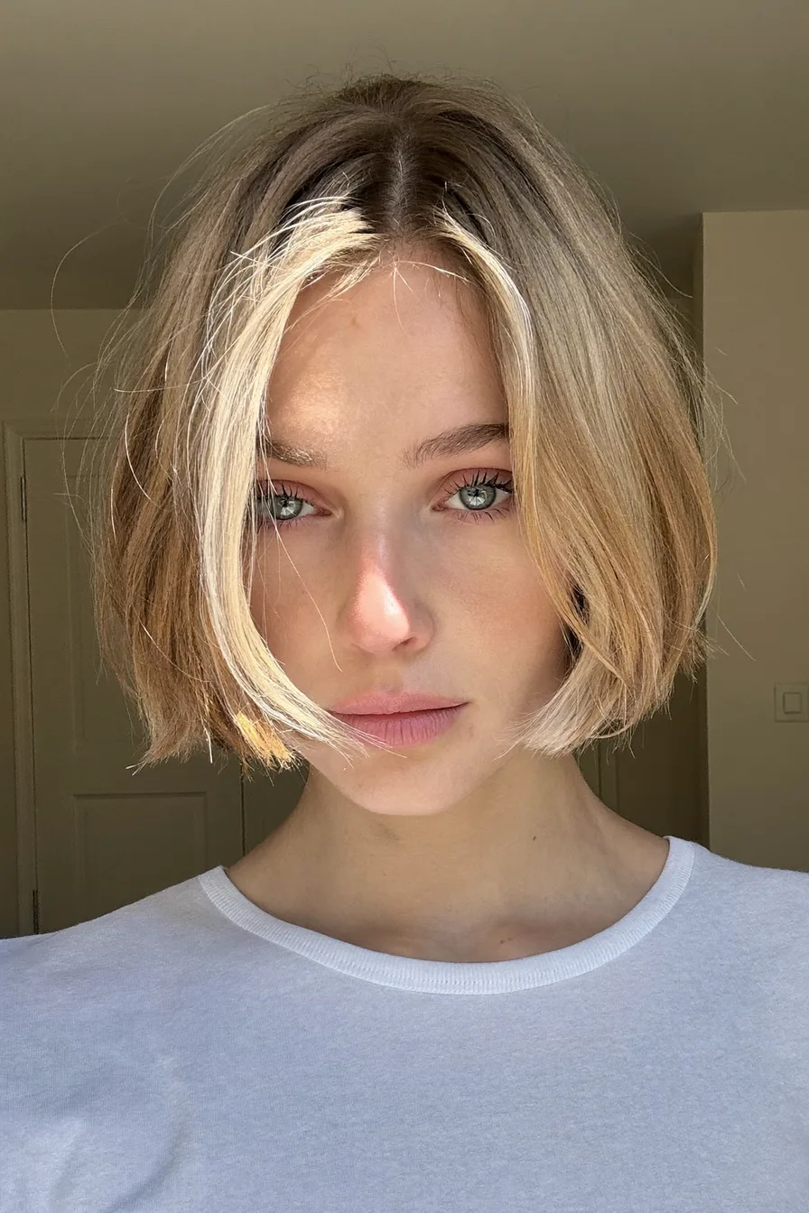 Chic Chin-Length Bob with Platinum Blonde Money Pieces