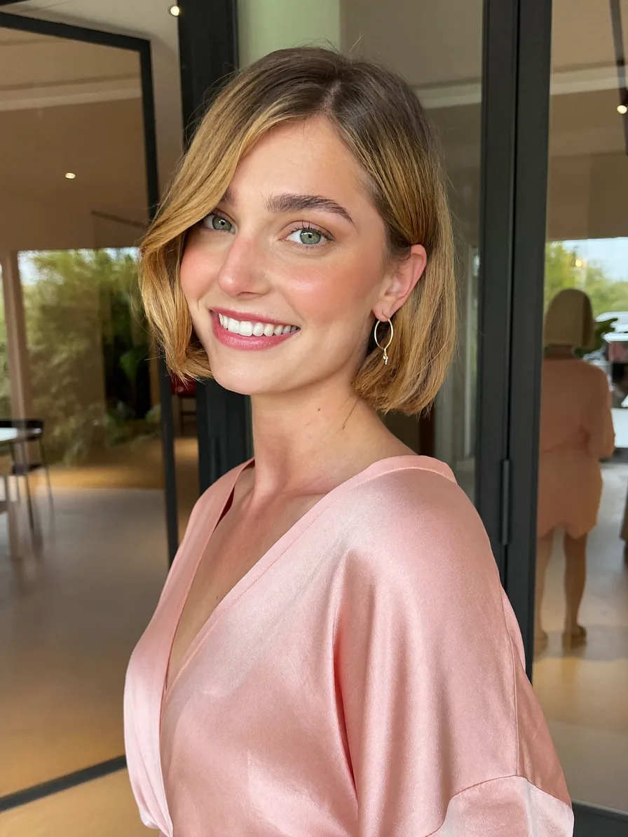 Chic Chin-Length Wavy Bob with Warm Balayage Highlights