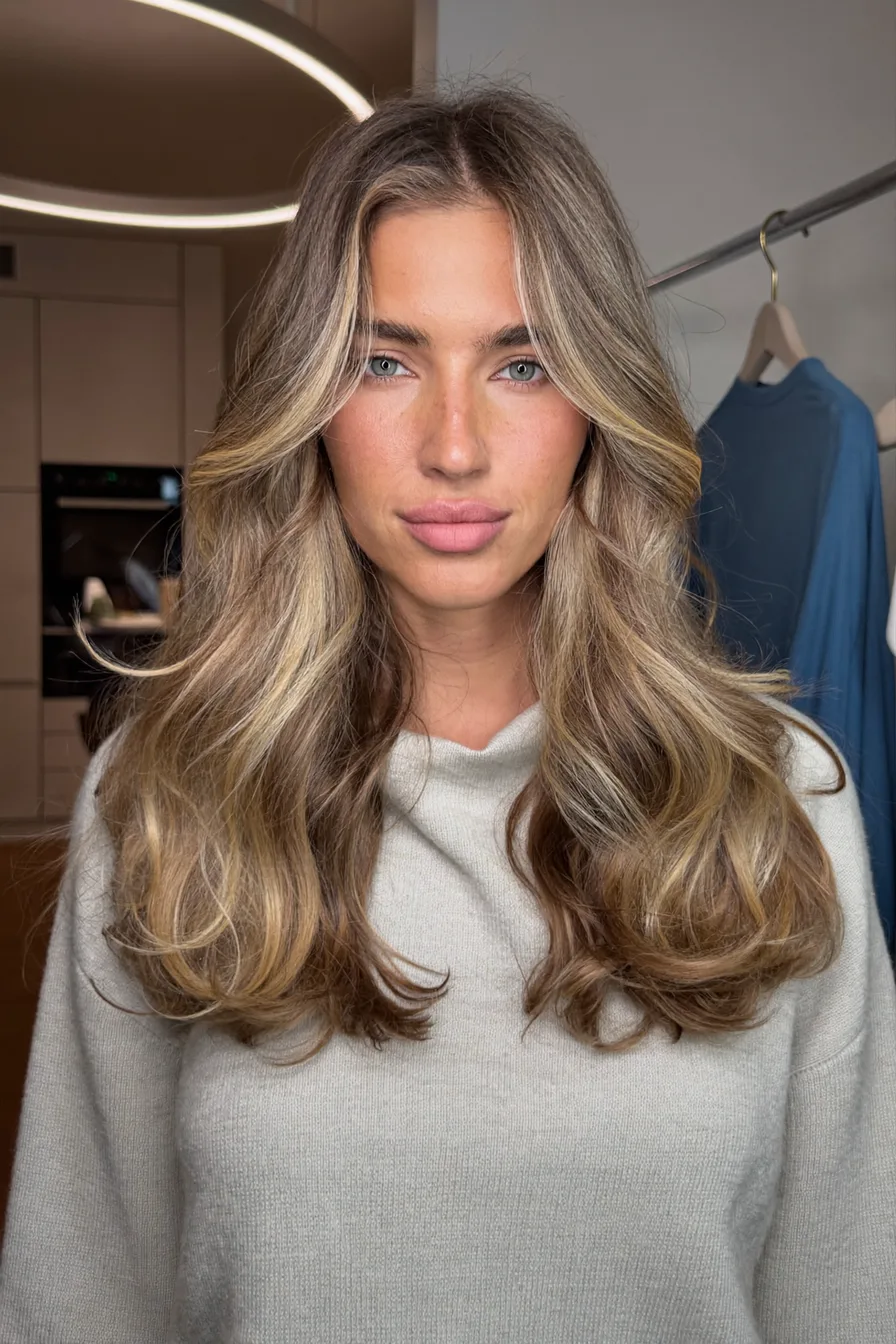Long Layered Wavy Hair with Honey Blonde Balayage Highlights