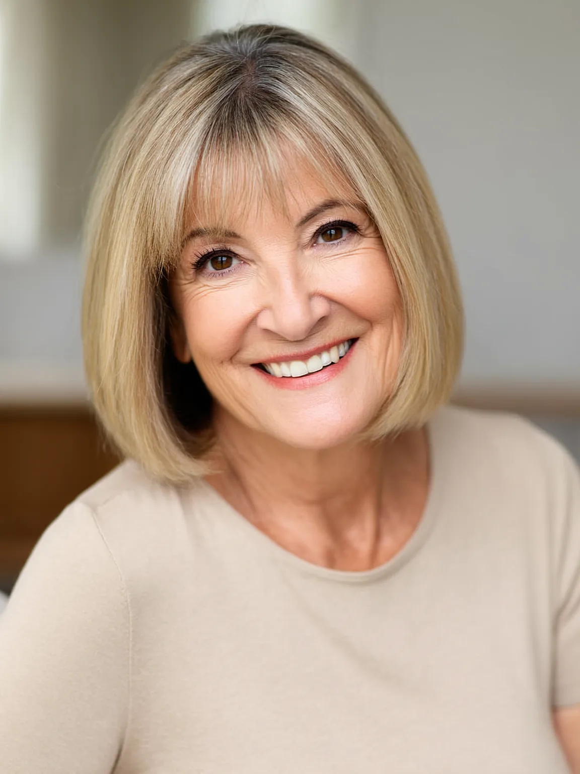Chic Chin-Length Bob with Soft Sandy Blonde Highlights