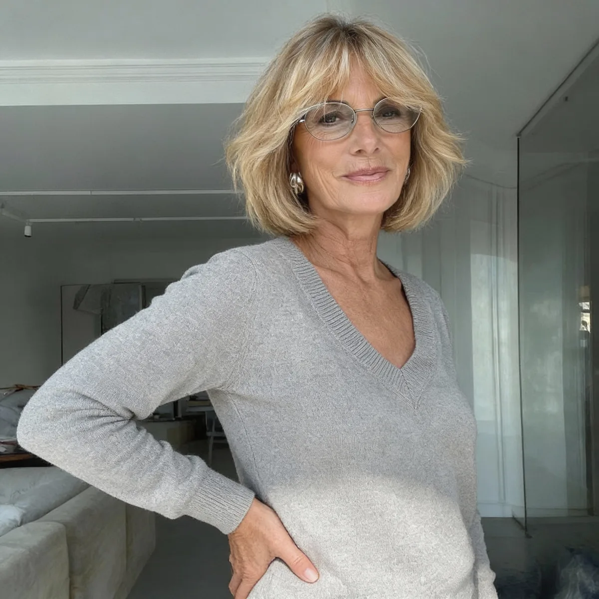 Chin-Length Bob with Sandy Blonde Balayage and Curtain Bangs