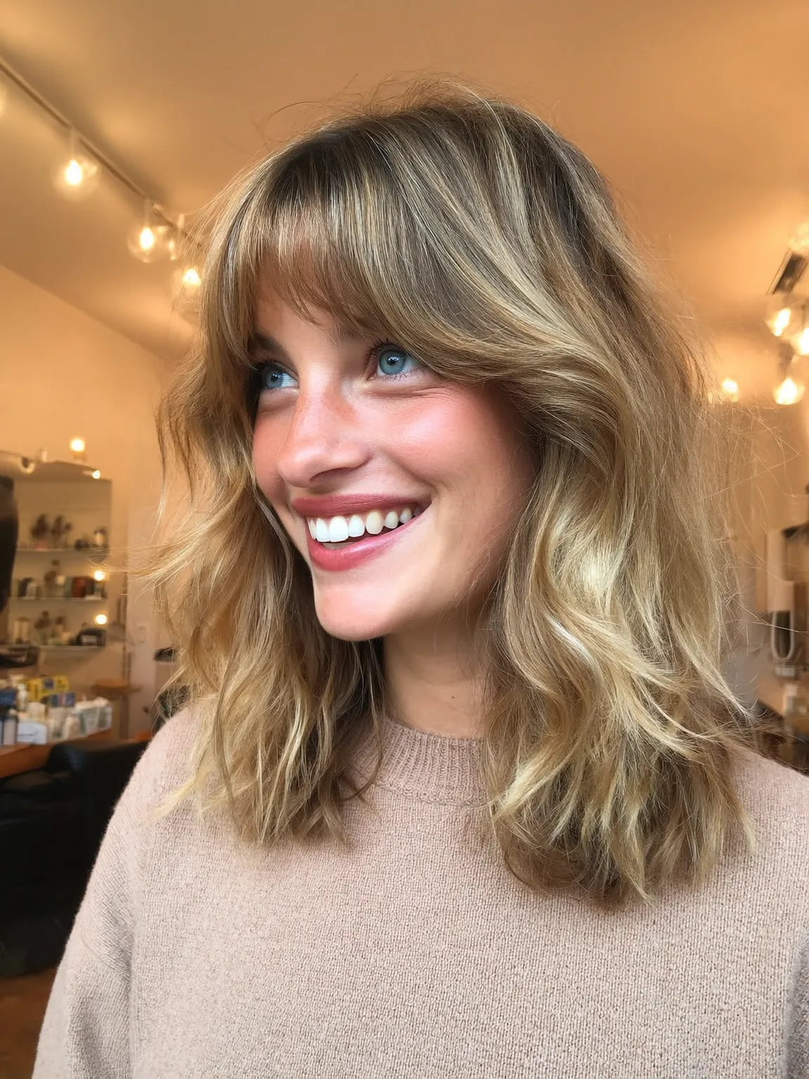 Voluminous Sandy Blonde Balayage Lob with Wispy Bangs