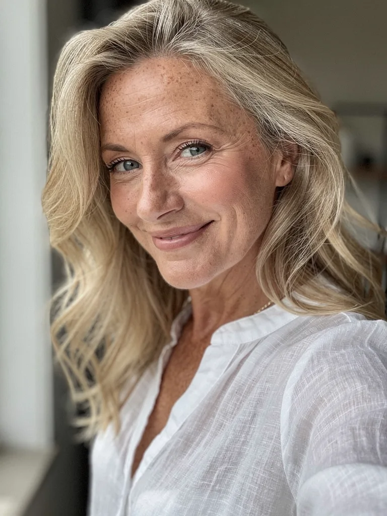Medium-Length Wavy Layers in Classic Sandy Blonde