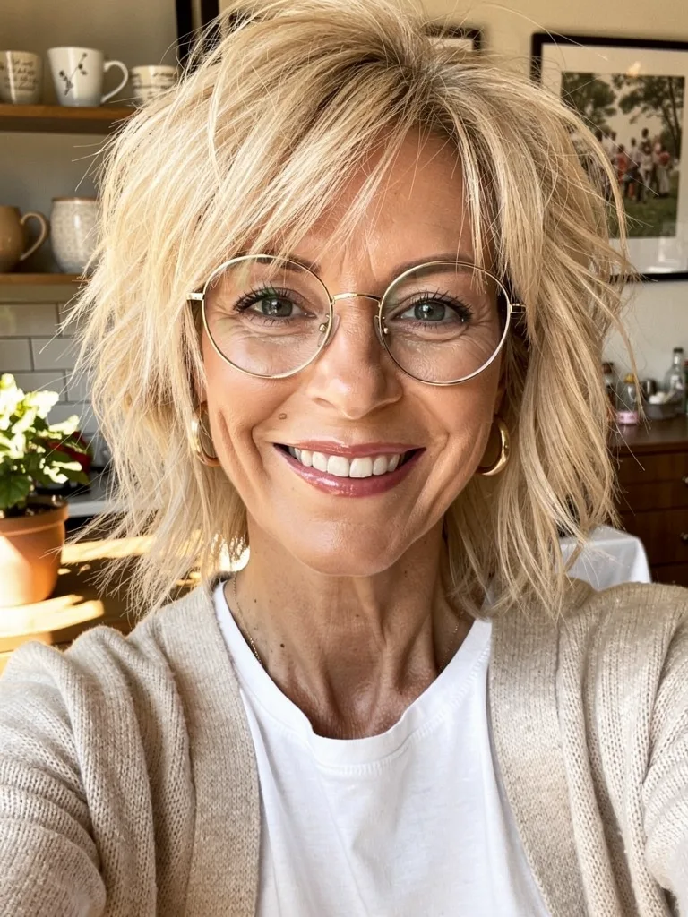 Voluminous Wavy Sandy Blonde Shag with Wispy Bangs