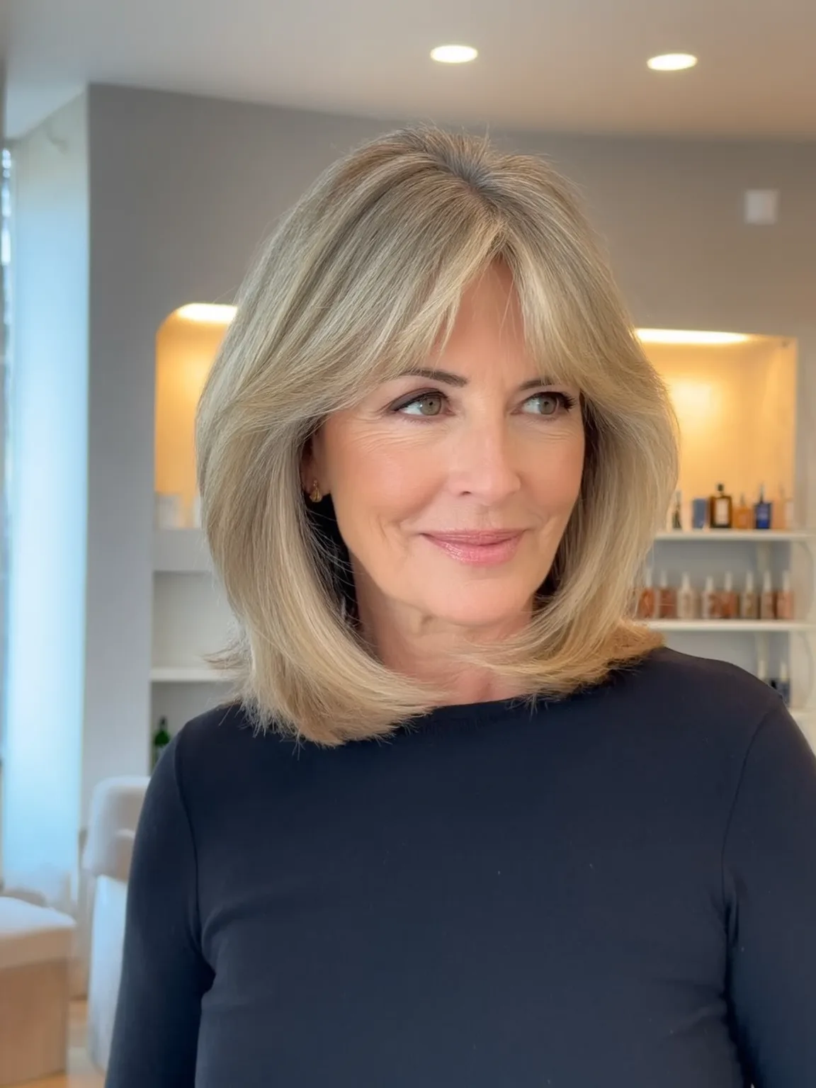 Voluminous Shoulder-Length Feathered Sandy Blonde Hair with Curtain Bangs