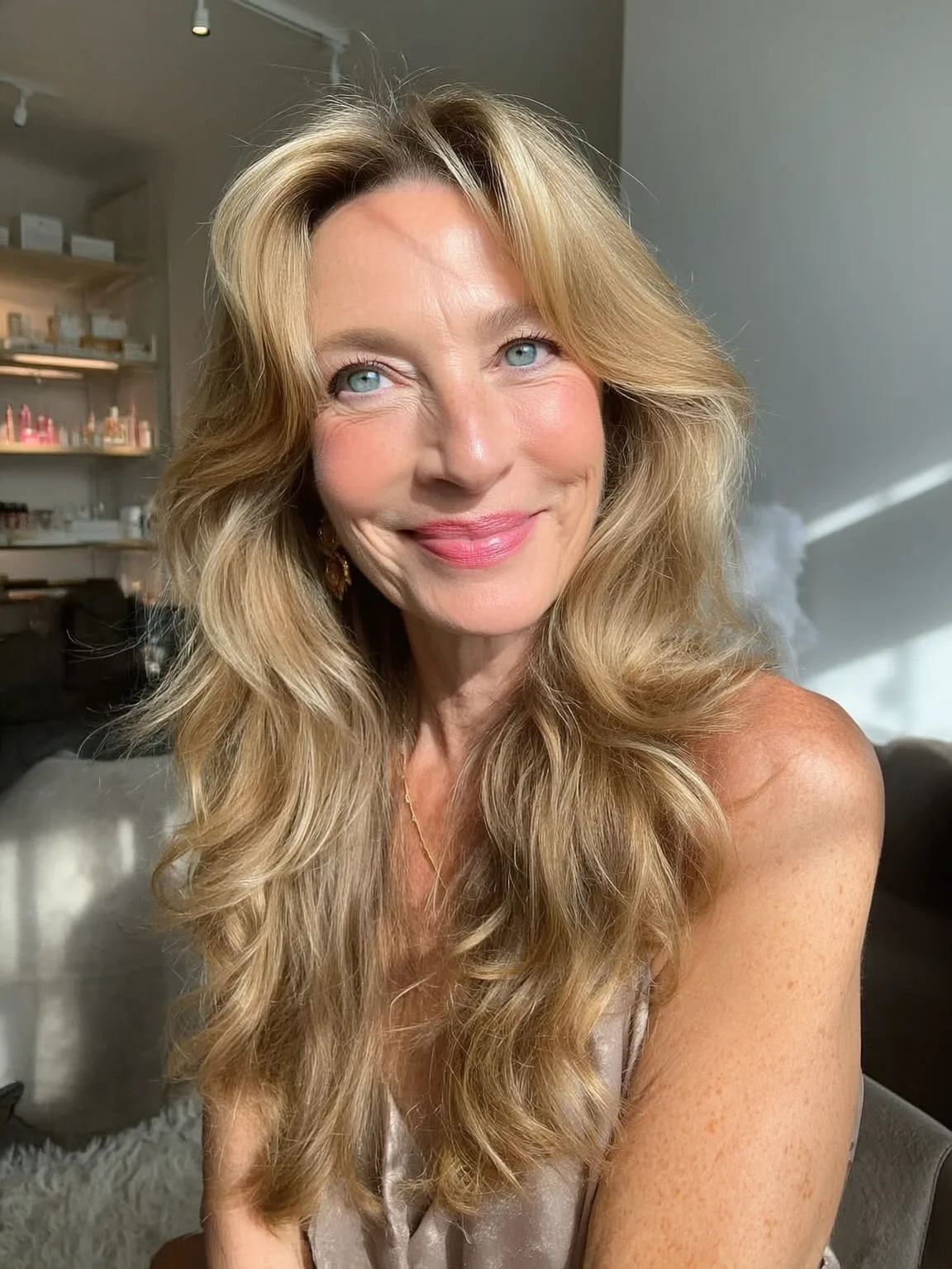 Long Wavy Golden Blonde Layers with Sun-Kissed Highlights