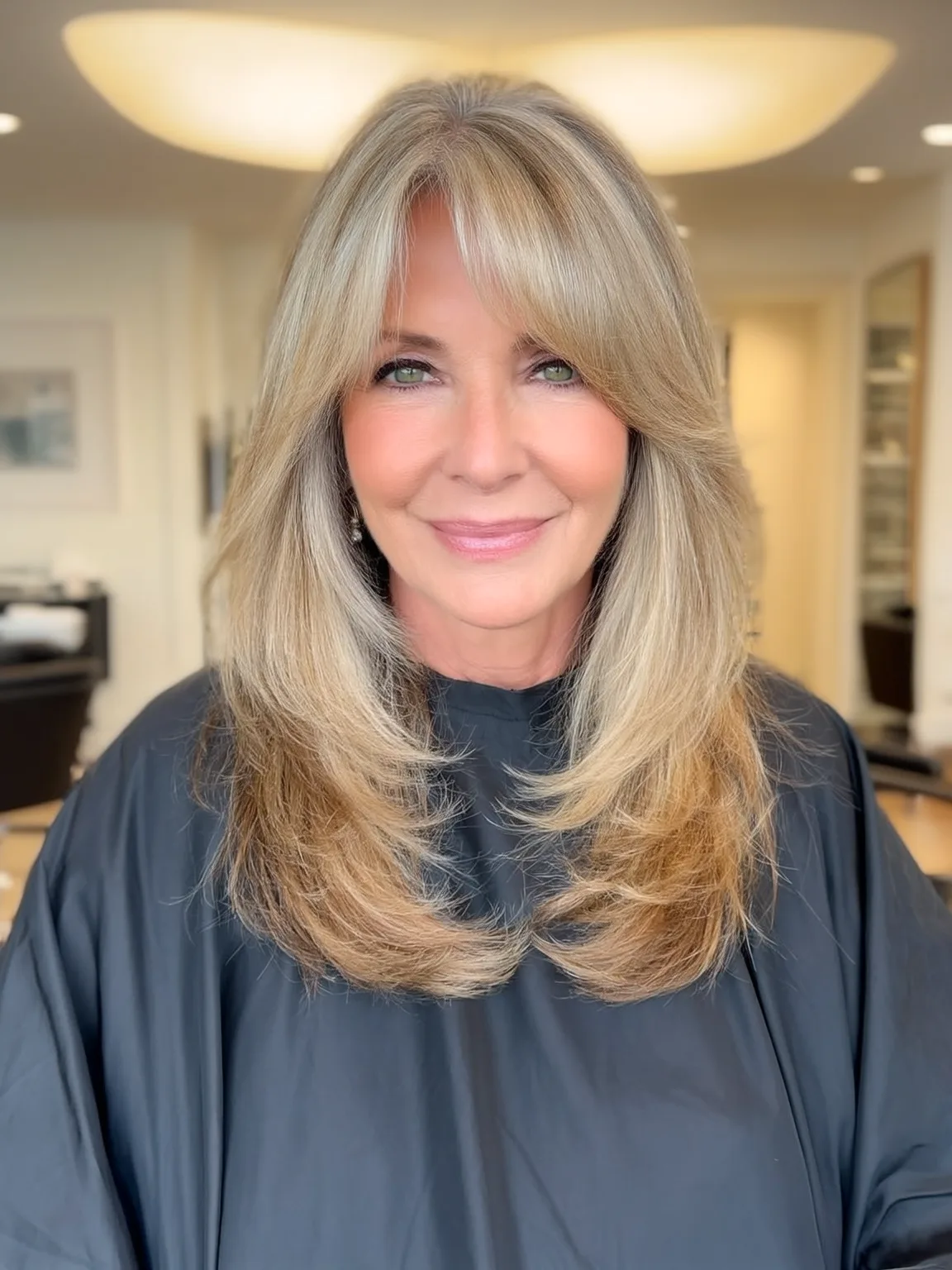 Long Straight Soft Sandy Blonde Layers with Wispy Bangs