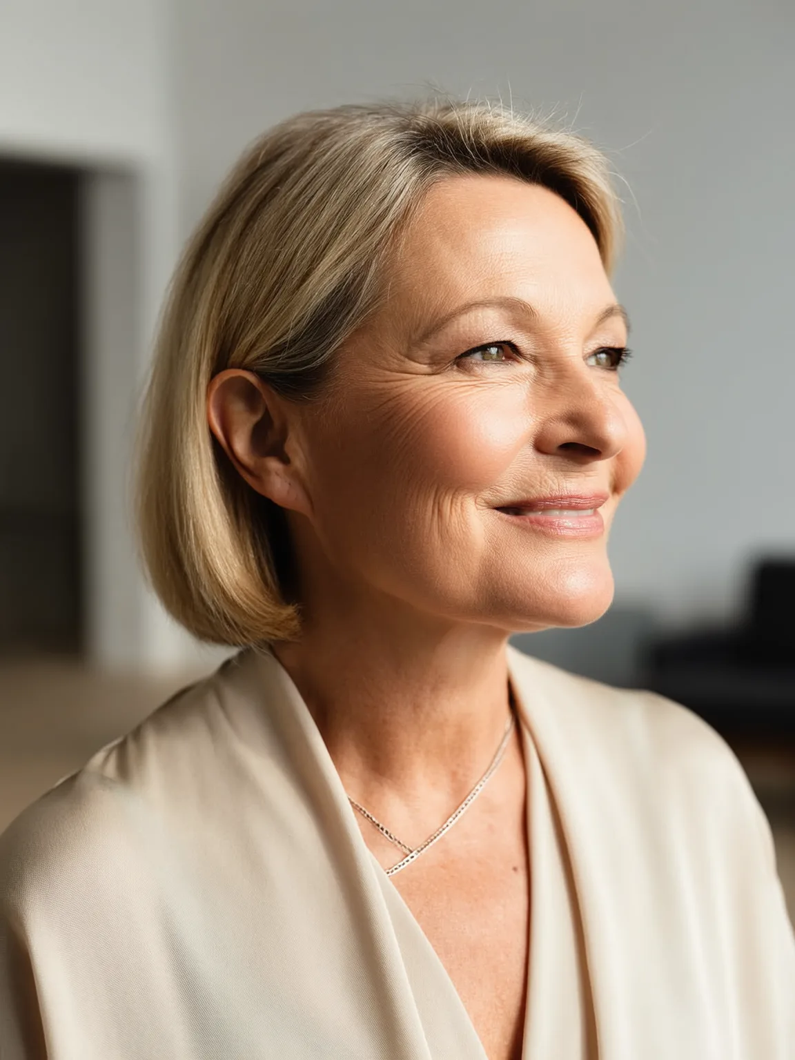 Chin-Length Soft Sandy Blonde Bob with Side-Swept Bangs