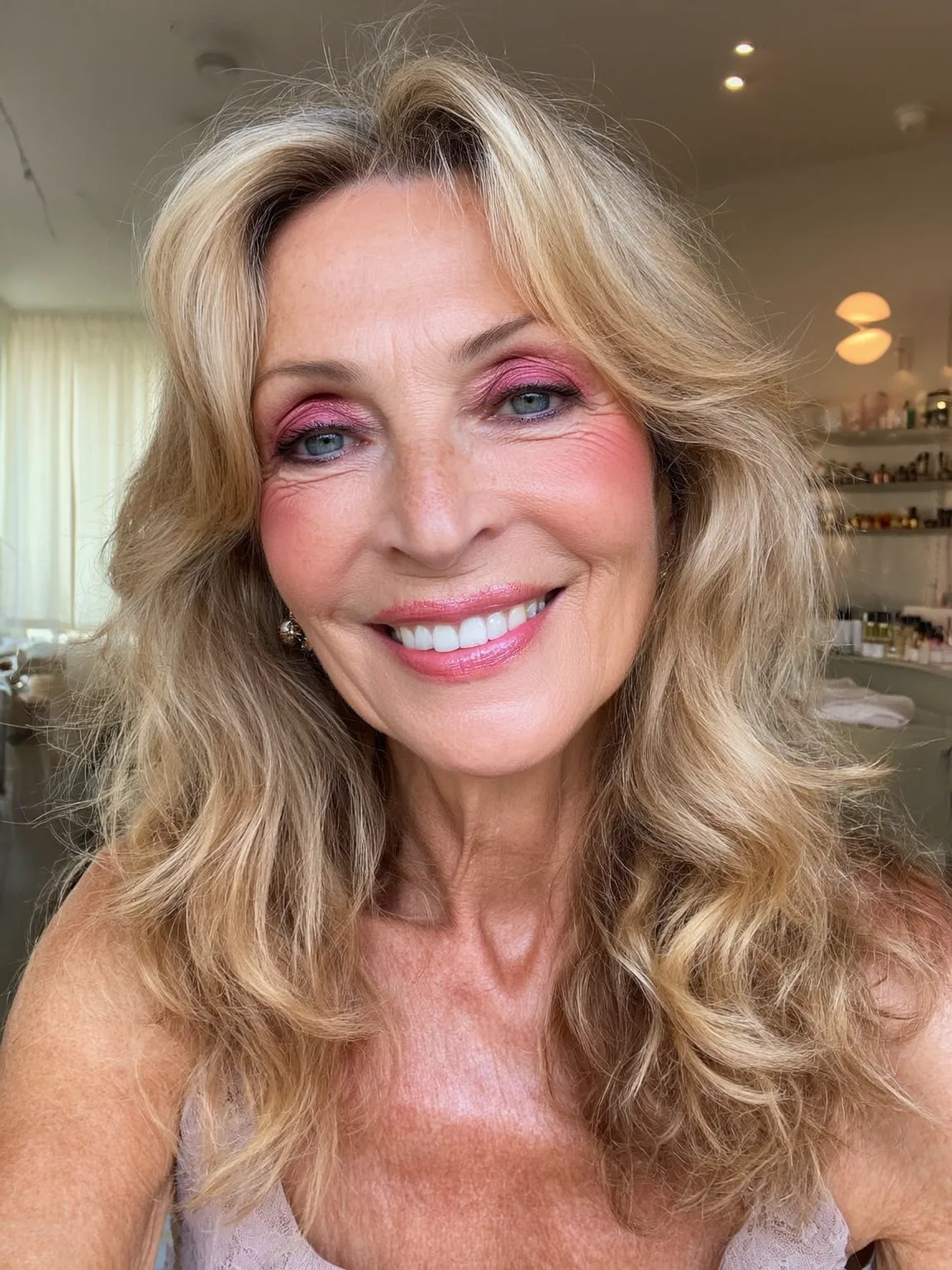 Long Wavy Warm Golden Blonde Layers with Long Bangs