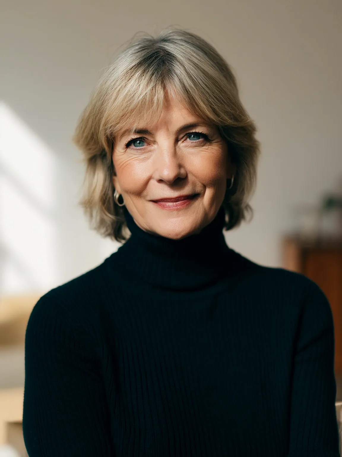 Chin-Length Sandy Blonde Wavy Bob with Side-Swept Bangs