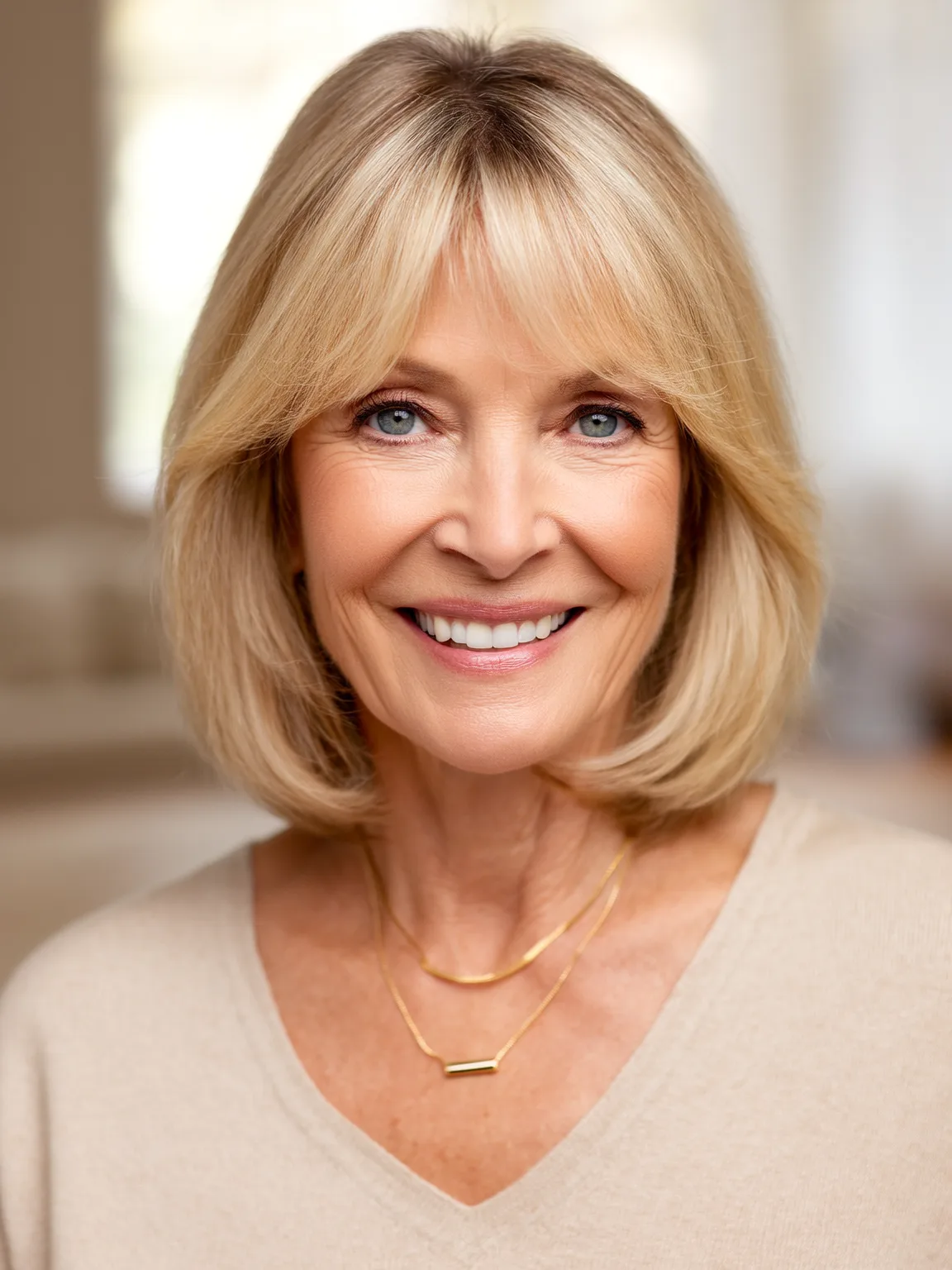 Soft Sandy Blonde Bob with Curtain Bangs