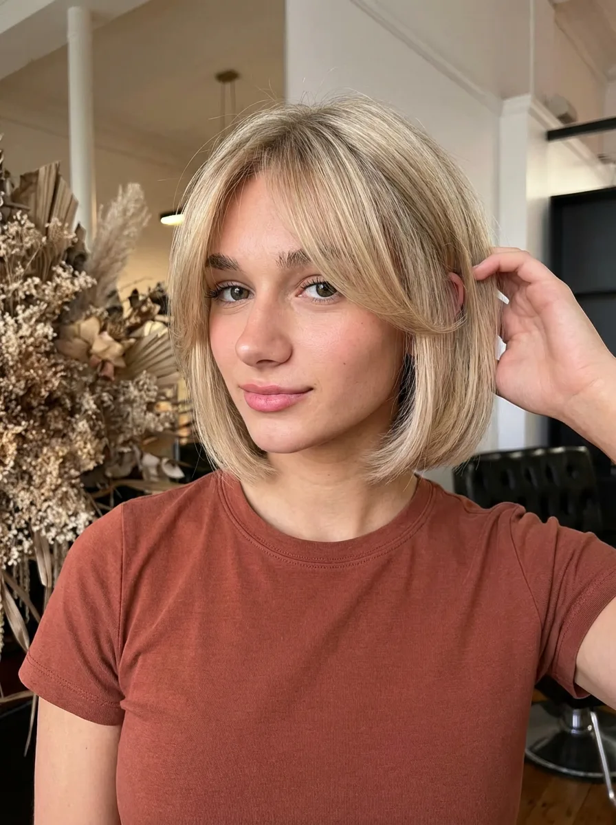 Sleek Straight Bob with Sandy Blonde Curtain Bangs