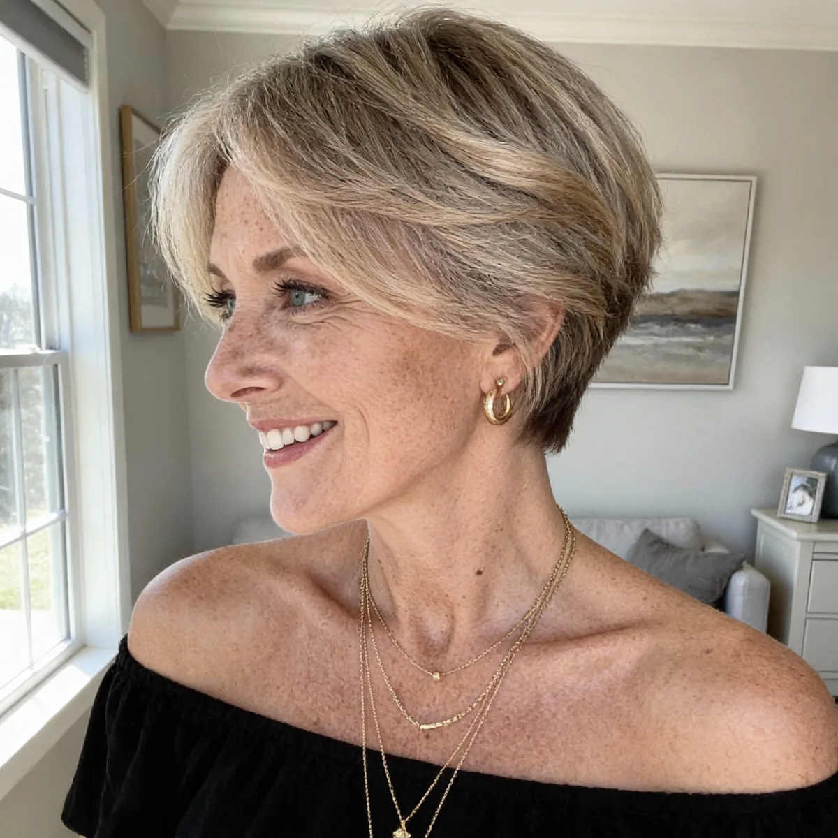 Short Sandy Blonde Pixie with Side-Swept Bangs