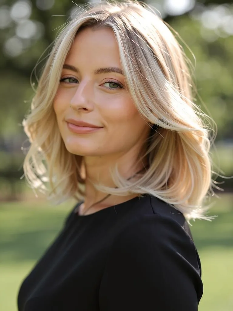 Soft Layered Lob with Sandy Blonde Highlights