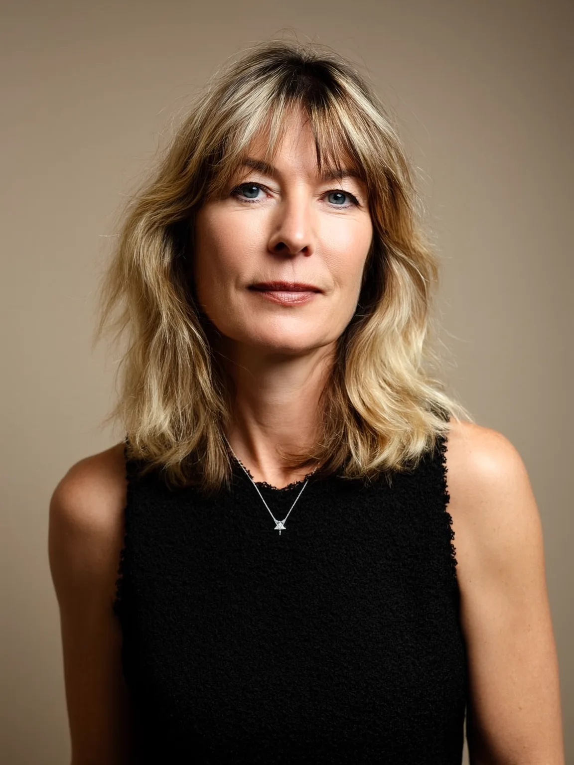 Shoulder-Length Wavy Layers with Wispy Blonde Bangs