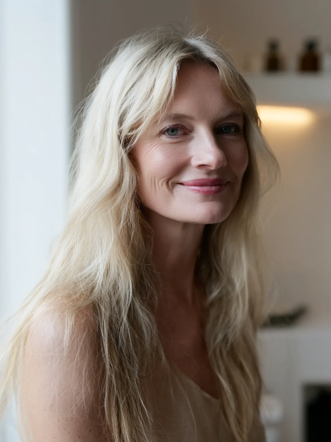 Long Sandy Blonde Layers with Curtain Bangs and Waves