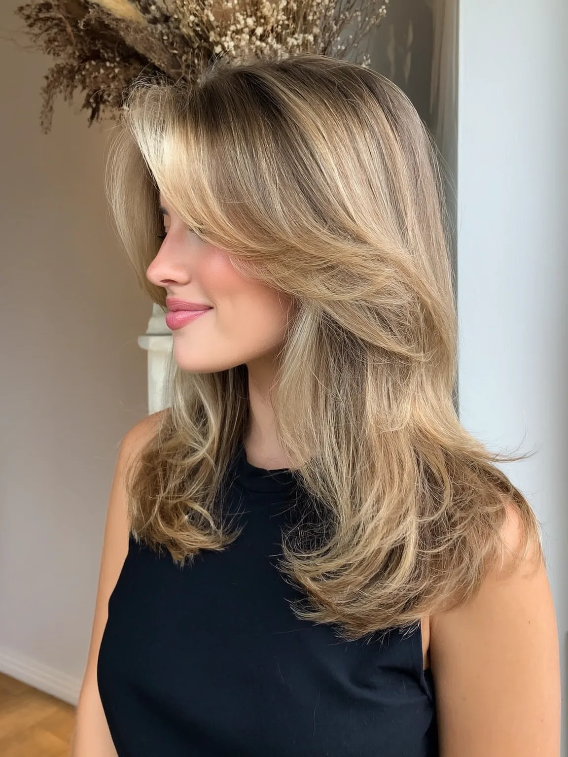 Medium Length Layered Cut in Sandy Blonde Waves