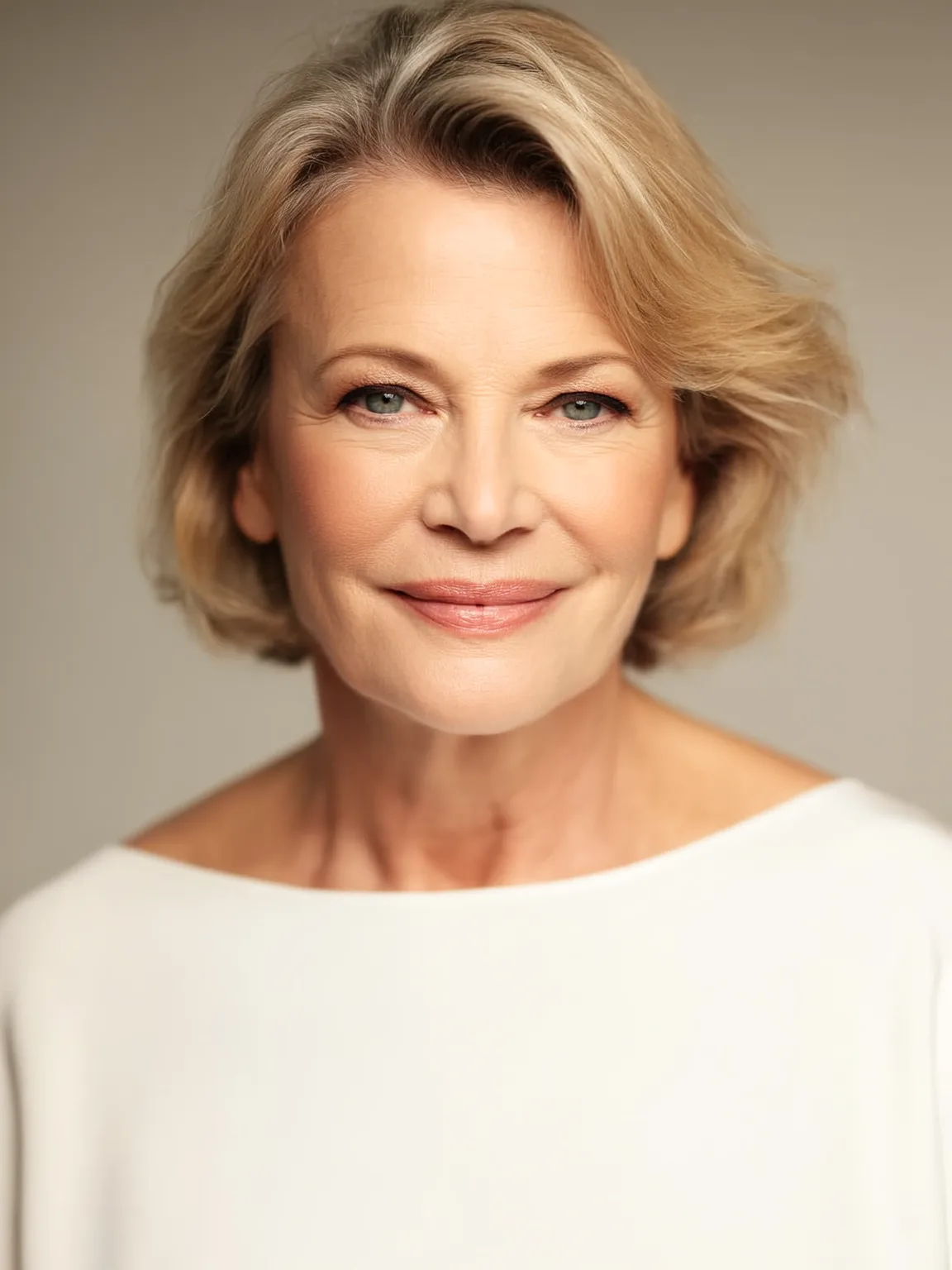 Chin-Length Bob with Side-Swept Layers in Light Golden Blonde