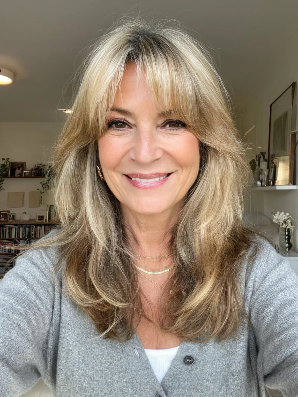 Long Layered Waves with Curtain Bangs and Lowlight Accents