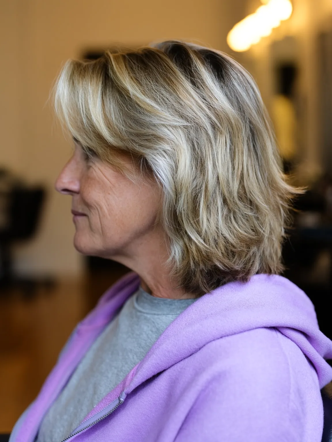 Medium Wavy Layers with Sandy Blonde and Side-Swept Bangs for Square Faces