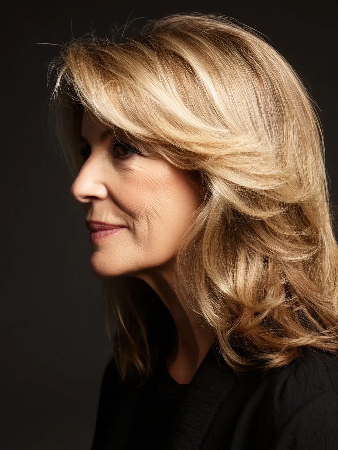 Medium-Length Voluminous Golden Blonde Layers with Side-Swept Bangs