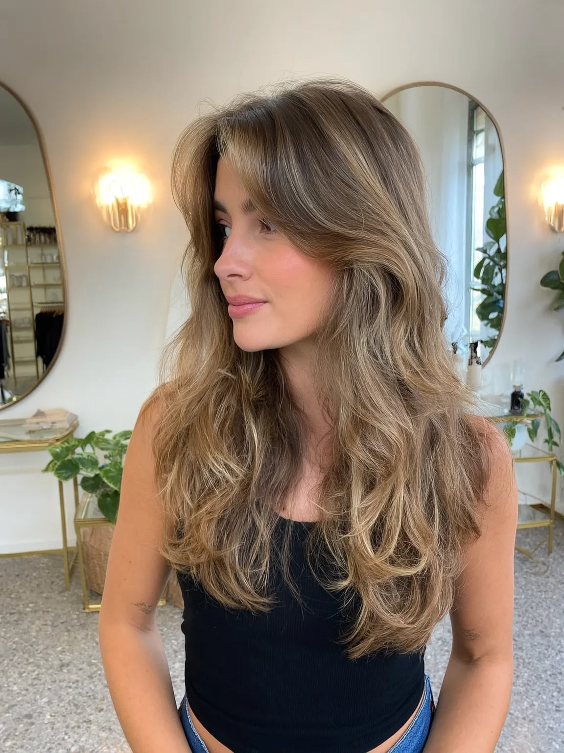 sandy blonde with subtle highlights layered
