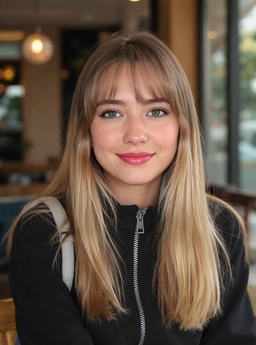 Long Straight Layers with Wispy Bangs in Sun-Kissed Blonde