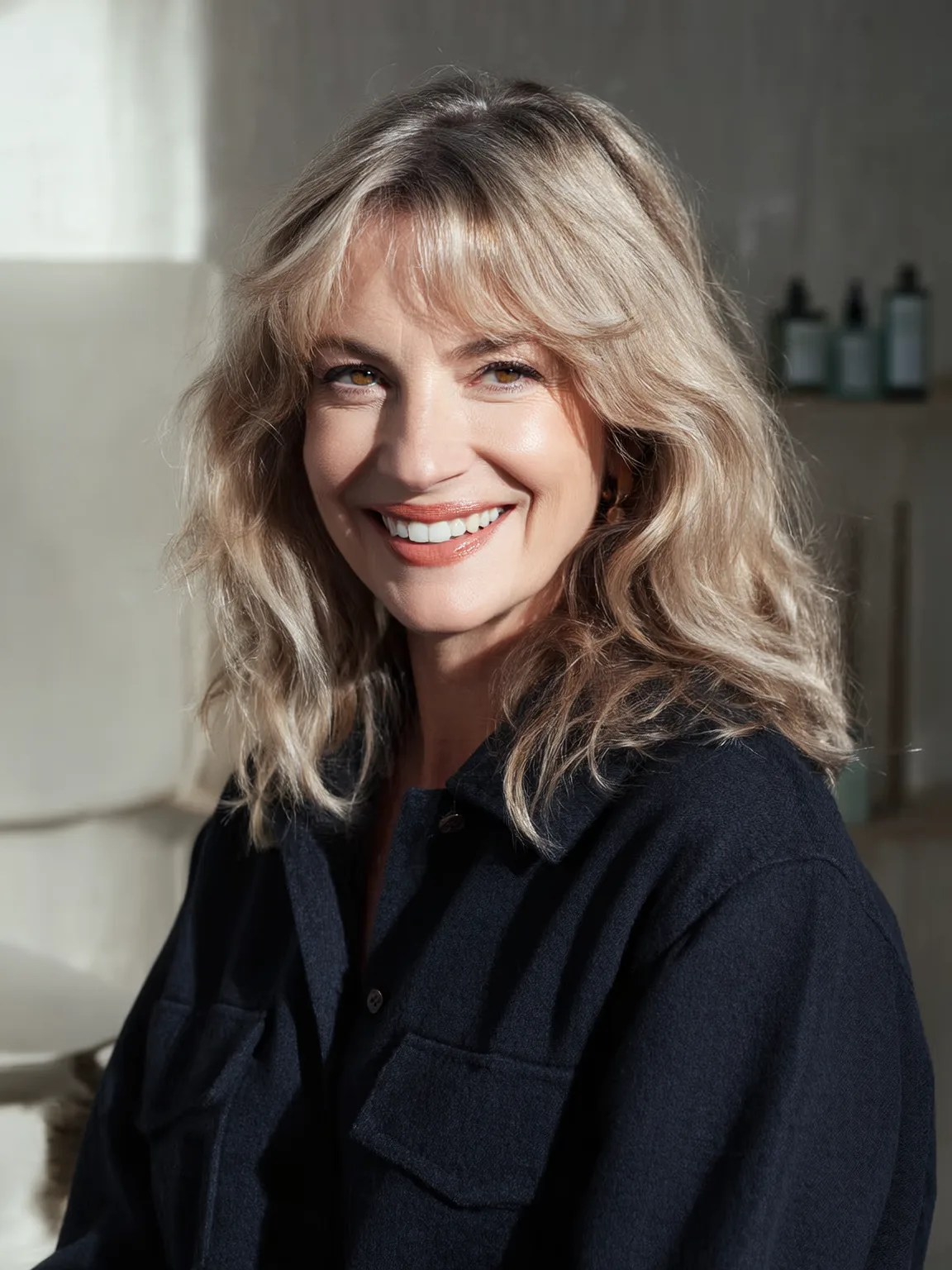 Voluminous Shoulder-Length Lob with Soft Sandy Blonde Waves