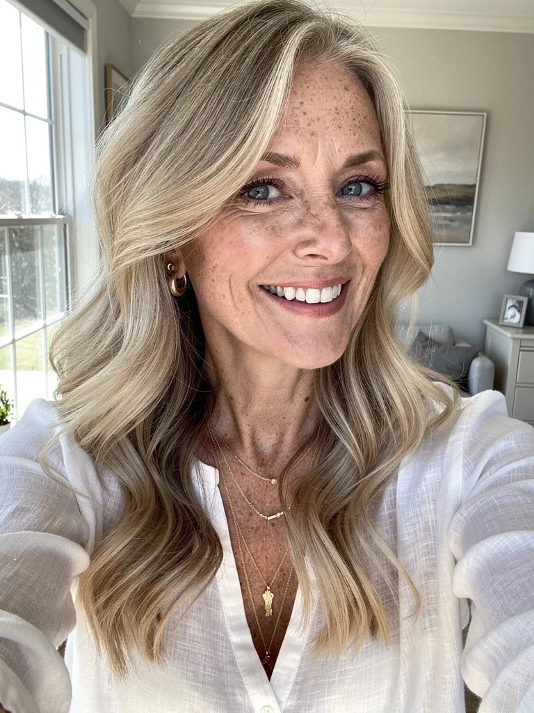 Long Layered Waves with Sandy Blonde Balayage