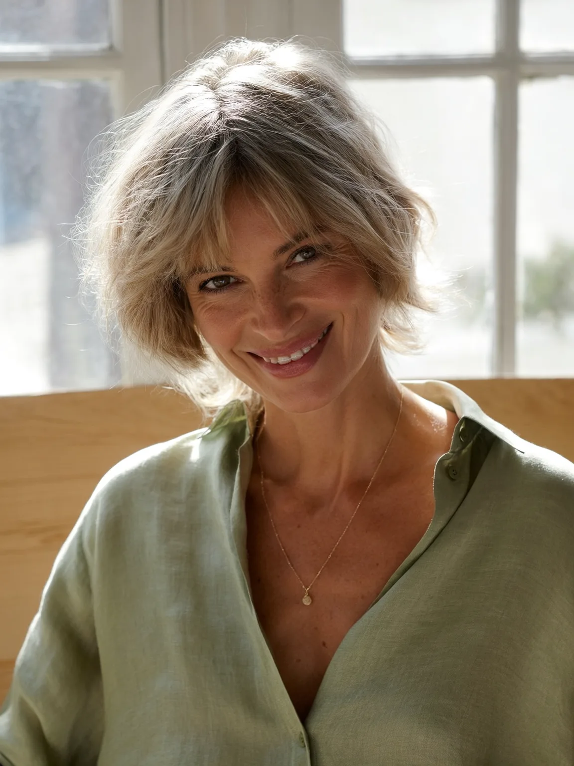 Chin-Length Wavy Sandy Blonde Lob with Wispy Bangs