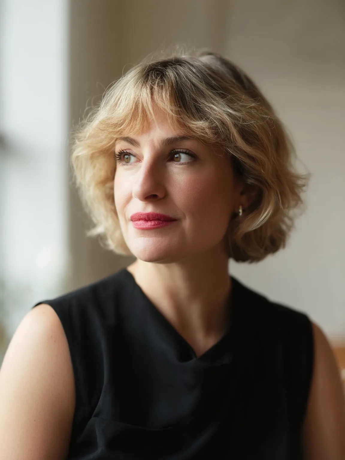 Chin-Length Wavy Sandy Blonde Bob with Blunt Bangs