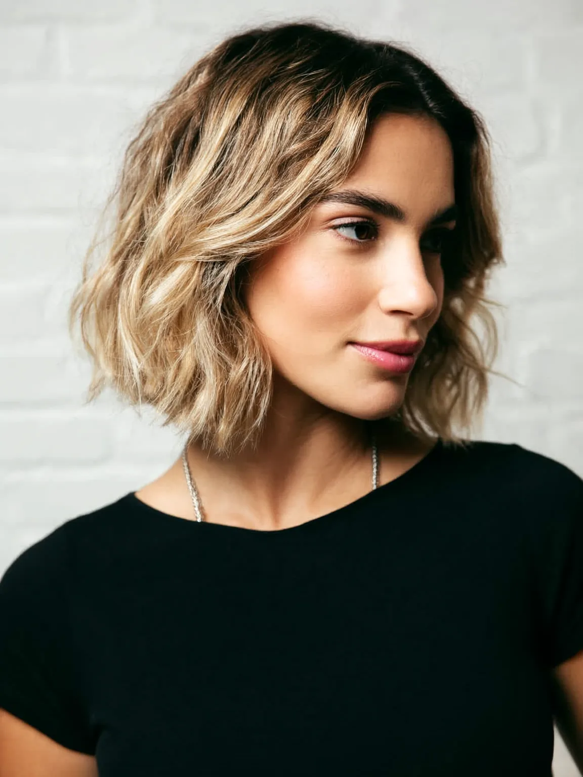 Chin-Length Textured Lob with Sandy Blonde Balayage