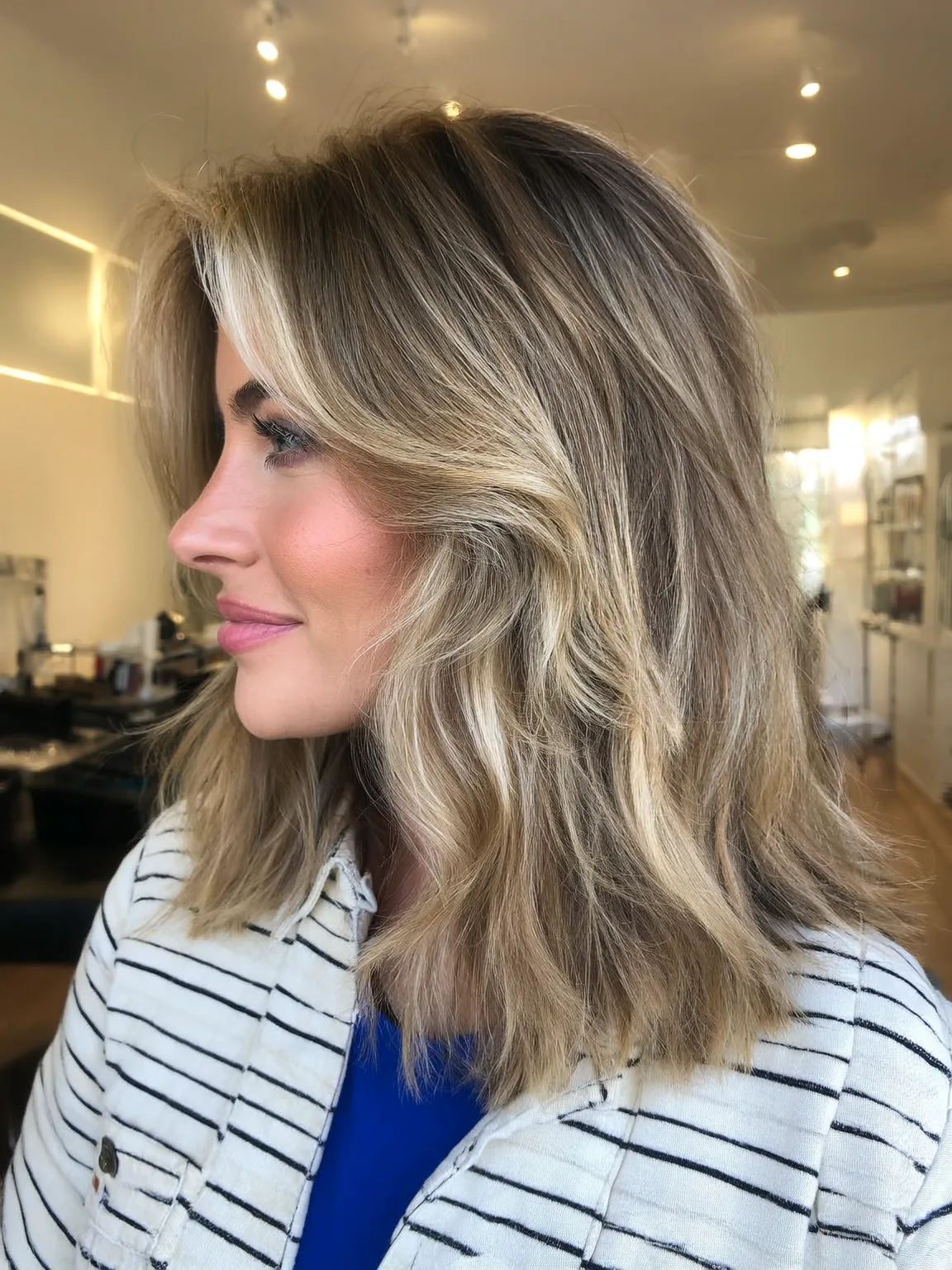 Textured Shoulder-Length Layers with Sandy Blonde Balayage