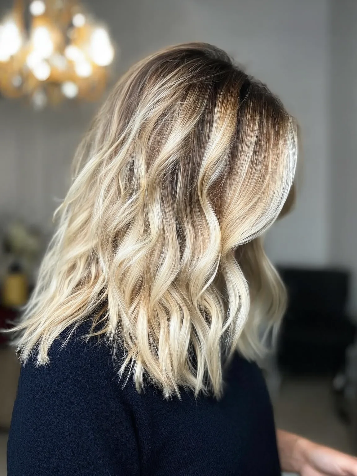 Flowing Wavy Lob with Sandy Blonde Balayage