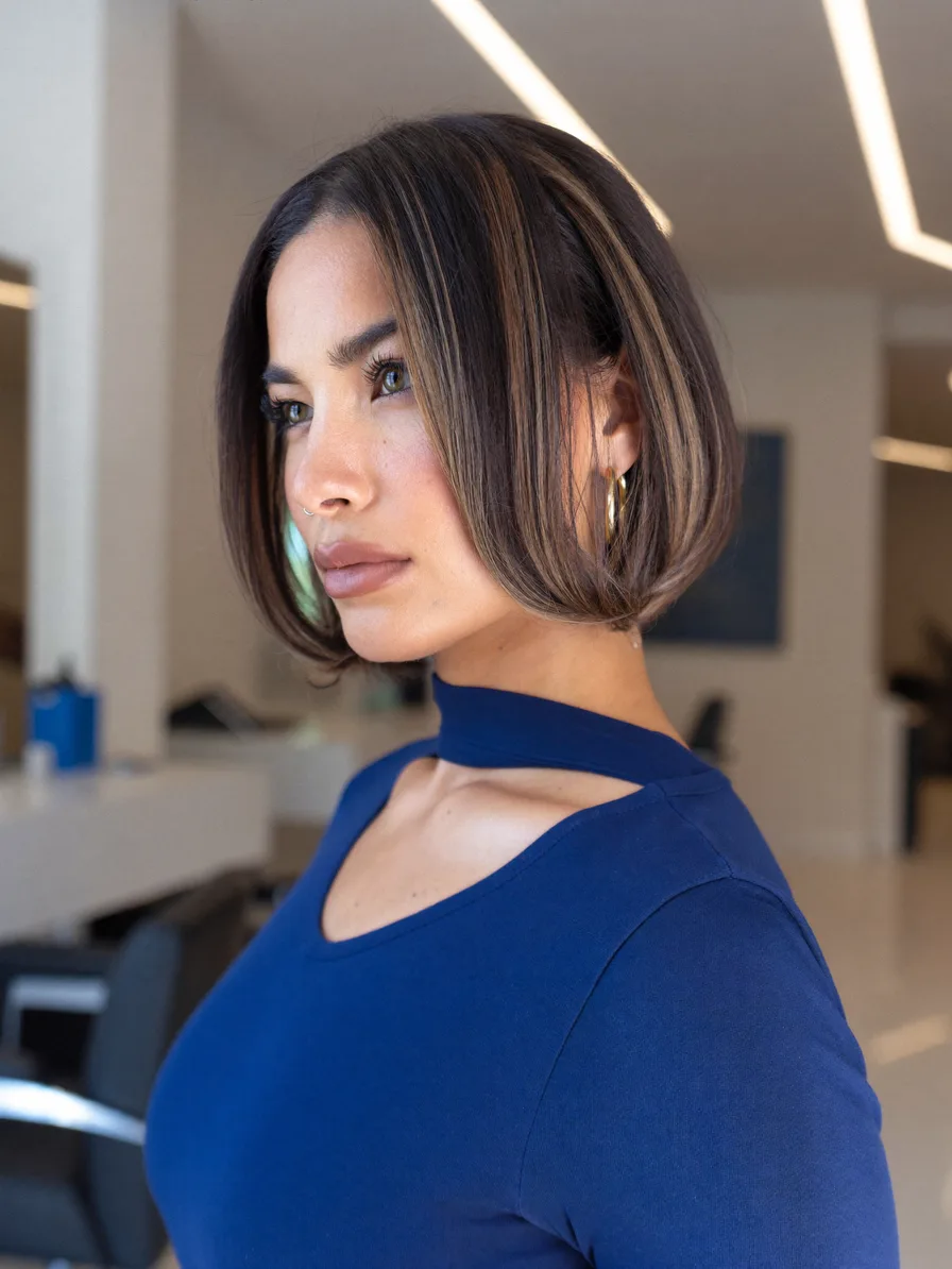 Sleek Chin-Length Bob with Caramel Babylight Highlights