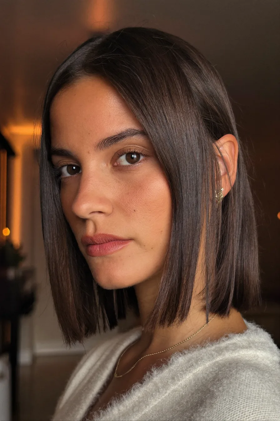 Sleek Chin-Length Blunt Bob with Natural Dark Brown Shine