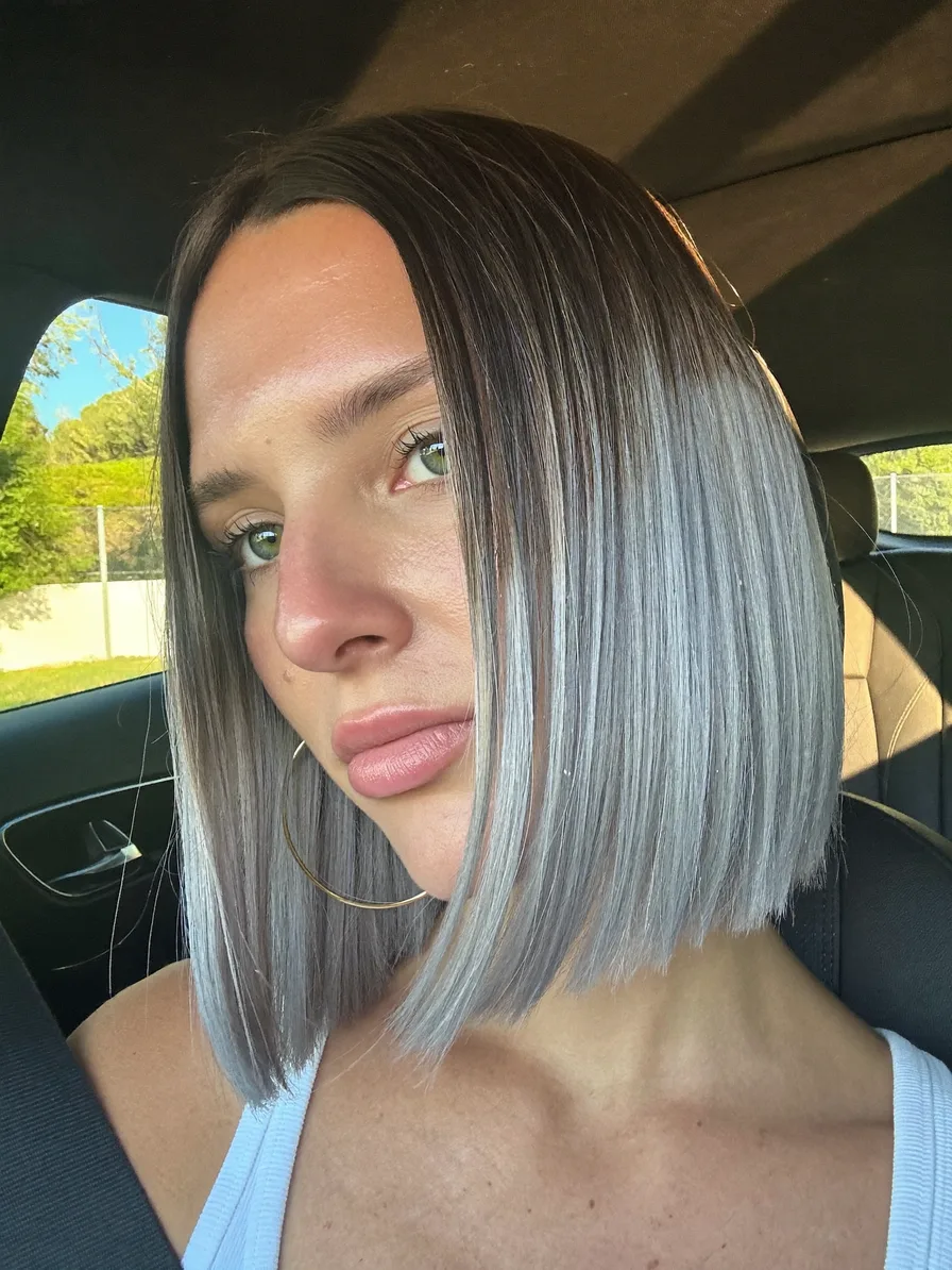 Sleek Center-Parted Blunt Bob with Ash Gray Ombre