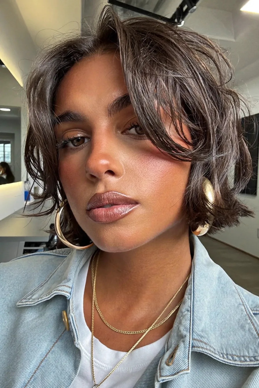 Voluminous Textured Chin-Length Bob with Curtain Bangs