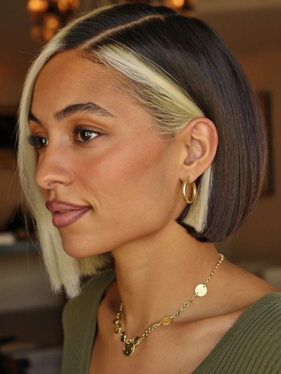Chin-Length Blunt Bob with Platinum Money-Piece Highlights