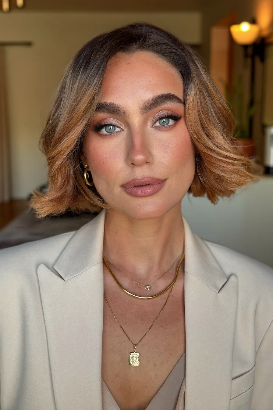 Chin-Length Balayage Bob with Center Part and Flicked Ends