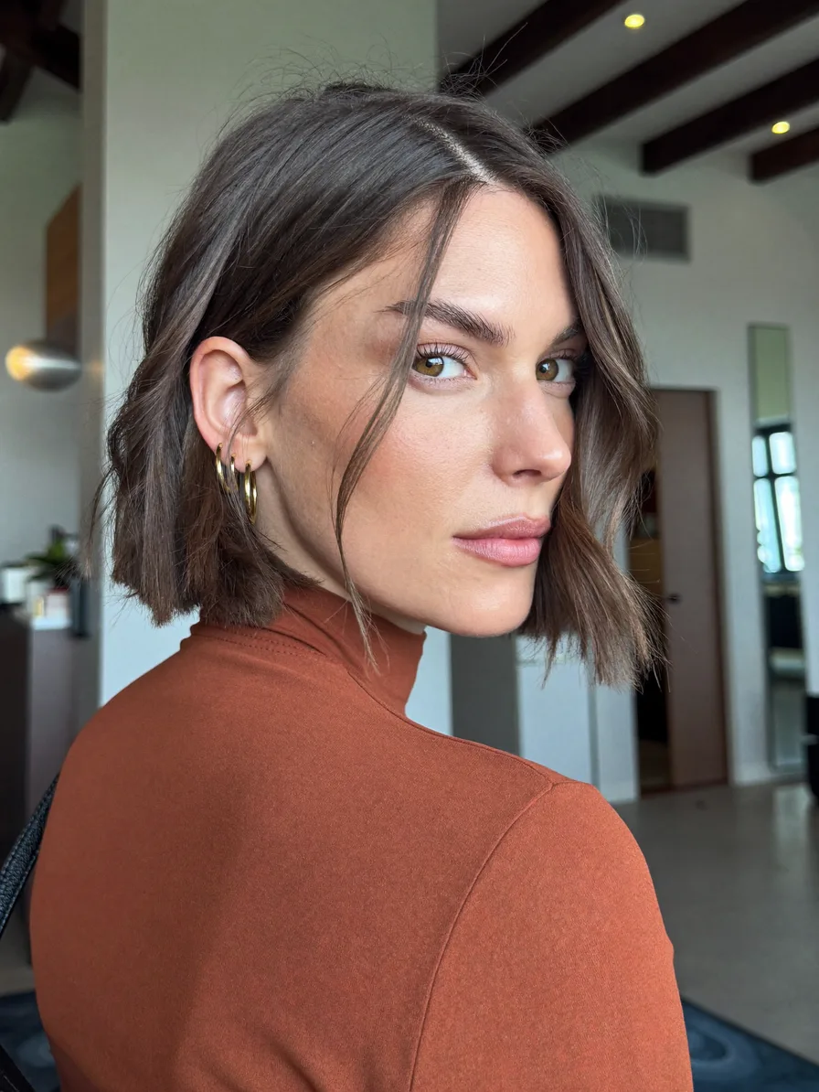 Textured Chin-Length Bob with Center Curtain Bangs